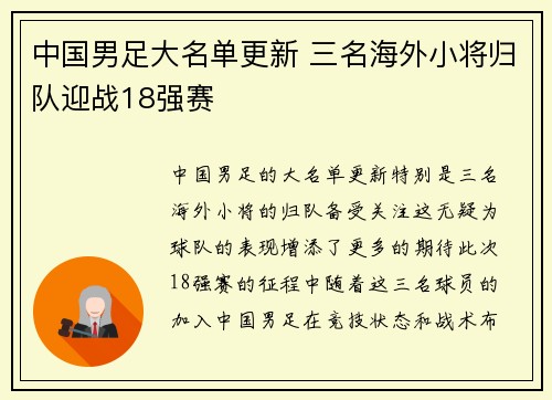 中国男足大名单更新 三名海外小将归队迎战18强赛